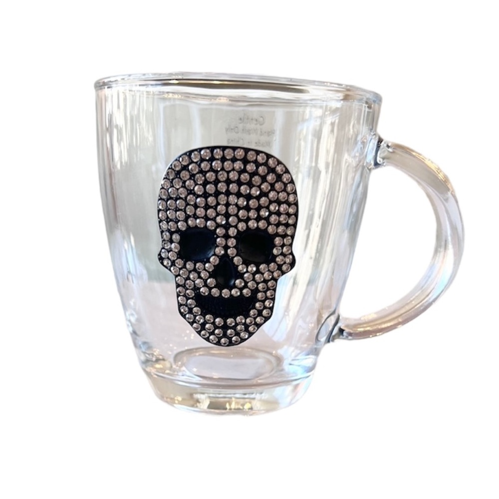 ☠️ RHINESTONE BLING SKULL Clear Glass Skeleton Halloween Mug NEW
